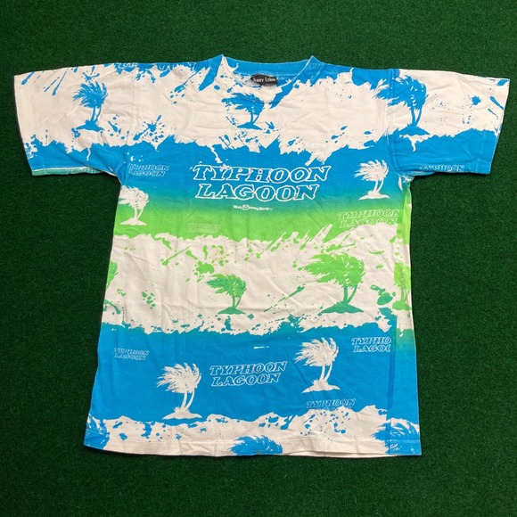 Vintage Typhoon Lagoon Shirt Mens M Blue Green All Over Print Single Stitch 90s - Picture 2 of 11